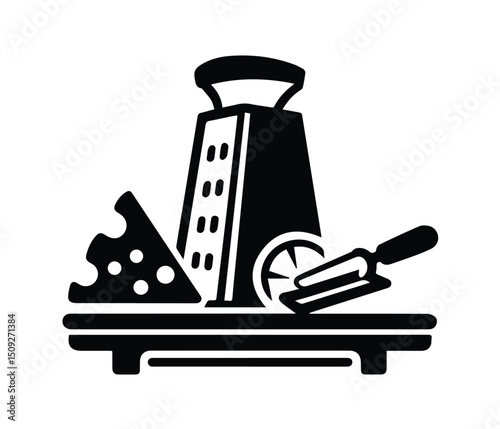 Grater and Peeler Silhouette Vector Black Kitchen Utensils Icon for Cooking and Culinary Graphics. grater line icon, Grater Vector, Cheese grater icon.