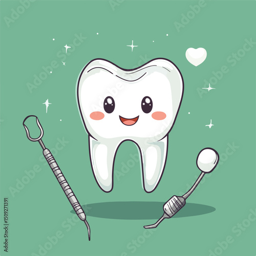 Detailed Cartoon Vector Illustration of a Tooth with Dental Tools for Dental Education