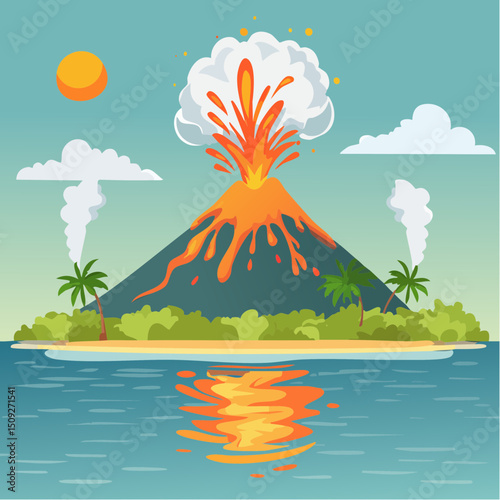A volcanic island erupting with lava and smoke plumes
