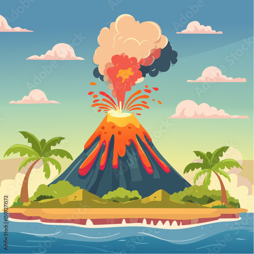 A volcanic island erupting with lava and smoke plumes
