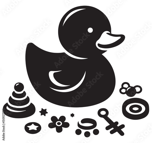 Simple Black Silhouette Graphic Illustration of Classic Rubber Duck and Assorted Baby Toys Collection