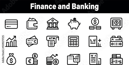 Simple black and white finance banking icons set for web design and mobile app development projects atm card safe euro