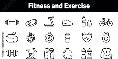 Fitness exercise icons set line style graphic design vector illustration gym mat yoga sport health weight cardio bottle