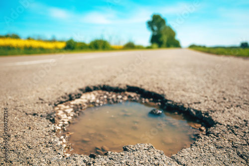 Large pothole in asphalt road surface, hole in a country road