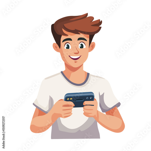 Professional Illustration of a Young Man Playing Video Games on Smartphone in a Cartoon Scene