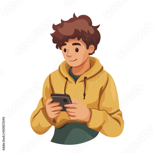 Illustration of a young man playing a video game on his smartphone in a fun cartoon scene