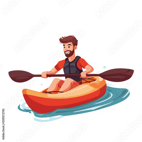 Professional Illustration of a Man Engaging in Water Sports with a Kayak and Rowing Cartoon