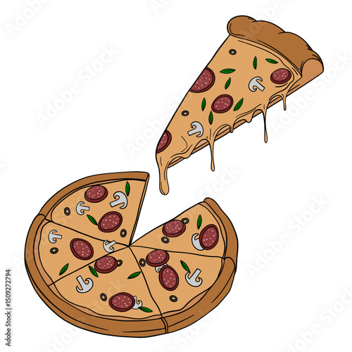 Appetizing piece of whole melted cheese pizza baked sliced. Delicious meal dish. Outline food art pastry	