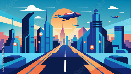 A futuristic cityscape with sleek air taxis zipping through designated lanes in the sky.. Vector illustration