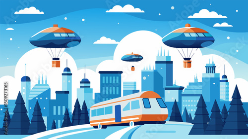A group of eVTOLs hovers above a snowy park in the city center waiting to transport passengers to their destinations amidst the snowy landscape.. Vector illustration