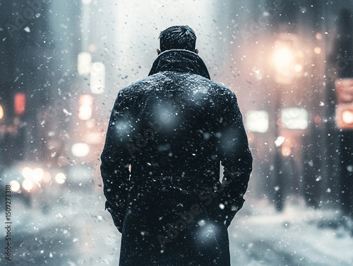 man in a black coat strong wind and snow on a city street, man standing with his back to the snowstorm in winter, extreme weather in winter, generative ai