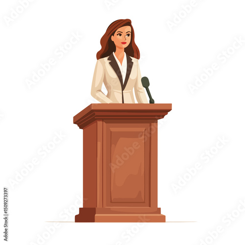 Professional Female Witness Standing at Tribune Vector Illustration for Presentations and Legal Concepts