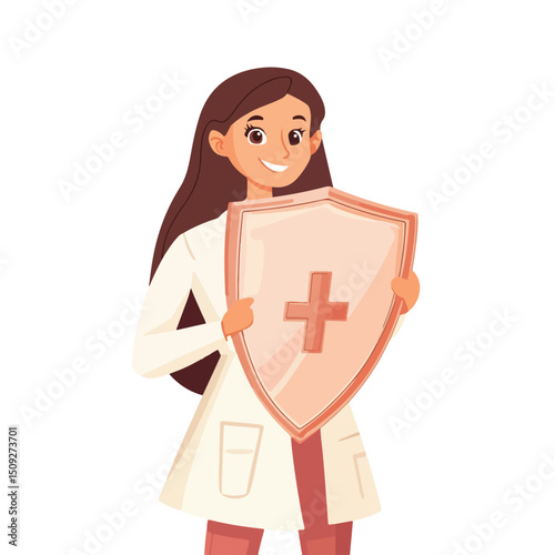 Professional Woman Lifting Medical Shield Character Vector Illustration