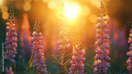 Abstract soft focus sunset field landscape of flowers and grass meadow warm golden hour sunset sunrise time. Tranquil spring summer nature closeup and blurred forest background. Idyllic nature