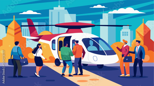 A group of friends boards the eVTOL for a quick ride to the nearby restaurant district indulging in the luxury of air transportation.. Vector illustration