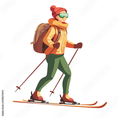 Professional Cartoon Vector Illustration of a Woman with Skis Isolated on White Background