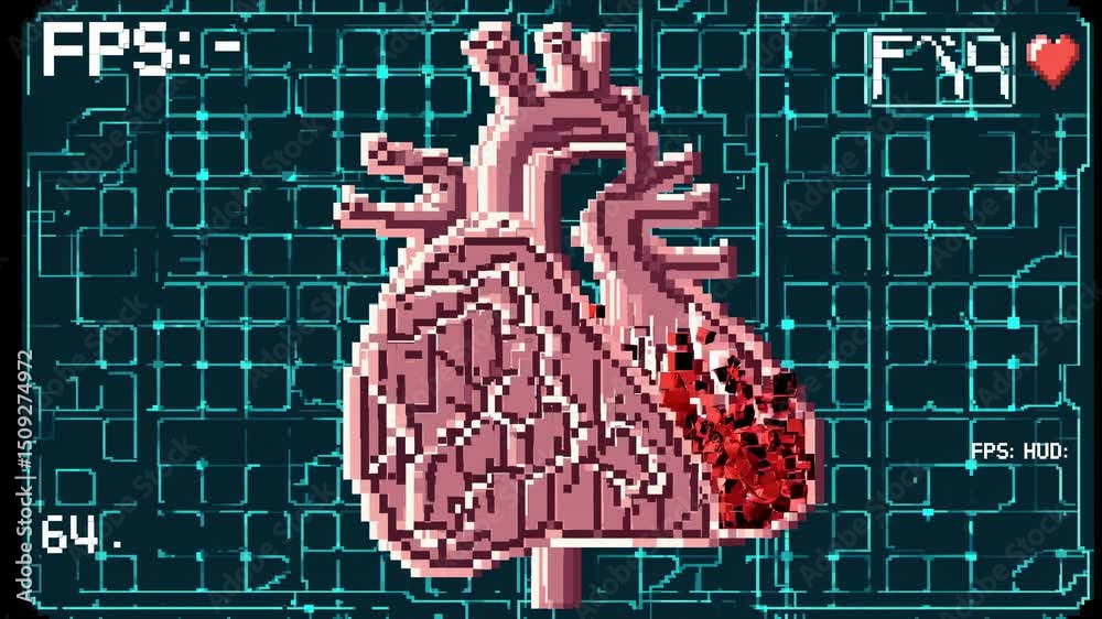 Pixel art representing a heart organ slowly dissolving, displayed on a heads-up display (hud) with frame rate and health points indicators, symbolizing loss of health in a videogame