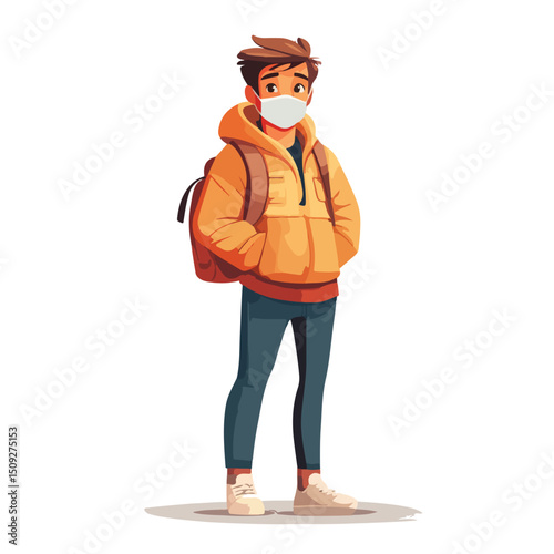 Professional Vector Illustration of Young Man Wearing Medical Mask Character for Health and Safety Concepts