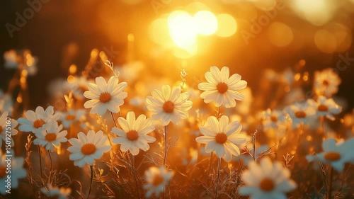 Abstract soft focus sunset field landscape of flowers and grass meadow warm golden hour sunset sunrise time. Tranquil spring summer nature closeup and blurred forest background. Idyllic nature