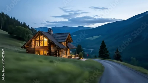 A cozy log cabin glows warmly against the majestic mountain backdrop at twilight framed by lush greens and soft ambient