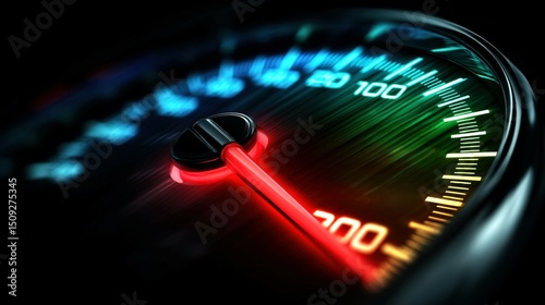 Speedometer displaying over 200 with a striking red zone highlighting high velocity