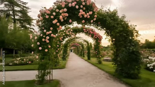 A magical rose covered pergola walkway at sunset invites a peaceful stroll a romantic oasis where dreams blossom amidst