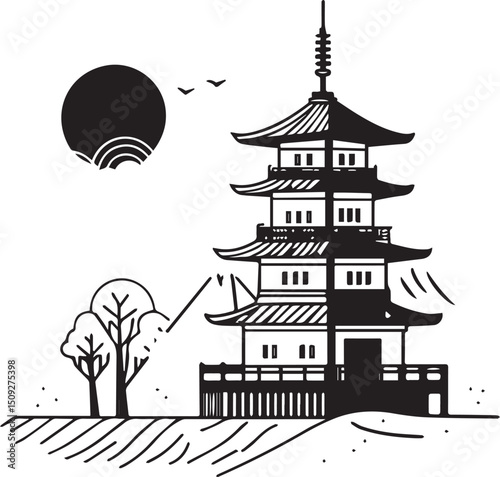 Black and white Japanese pagoda illustration depicting traditional architecture and a serene landscape