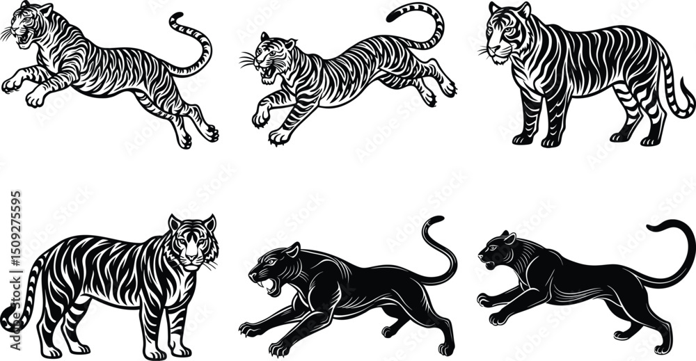 Fototapeta premium Set of stylized vector illustrations featuring two white tigers and two black panthers in a walking pose, rendered in bold black-and-white line art with mirrored symmetry.