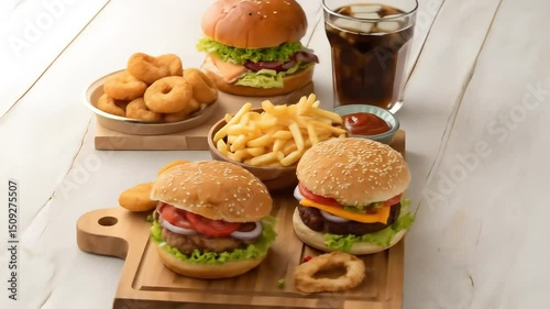 An inviting spread of juicy burgers crispy fries and golden onion rings promises a casual dining experience on a bright