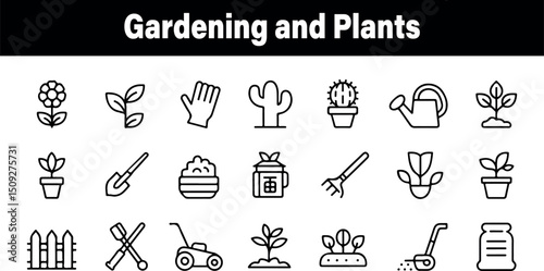 Gardening plants icons set black line style simple design vector illustration pot can rake seed farm glove flower cactus