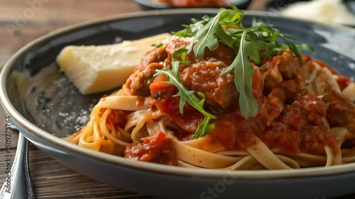 Savor a delightful plate of tagliatelle bolognese a rich and flavorful Italian comfort food experience showcased with