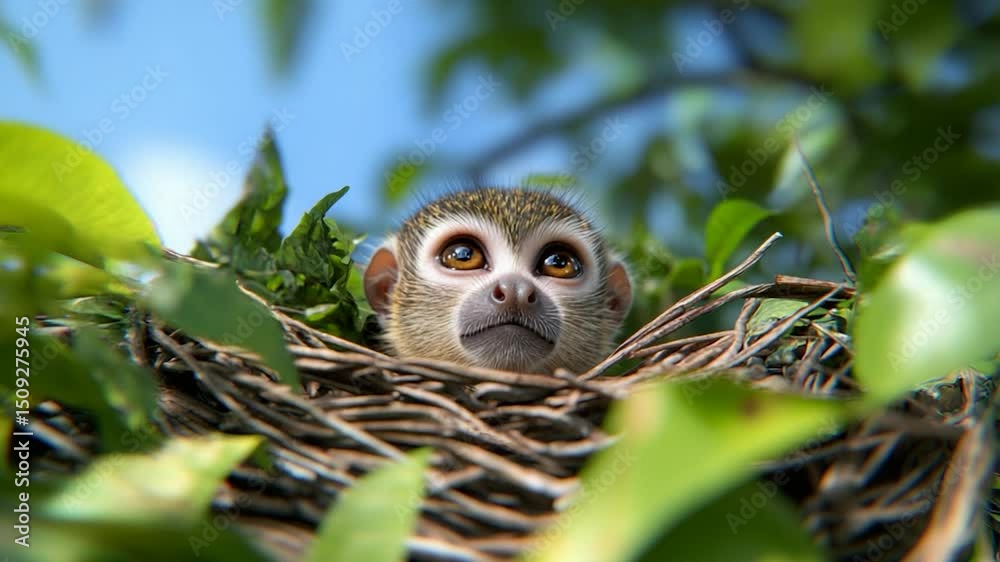 Close up of cute monkey in nest among green leaves wildlife portrait
