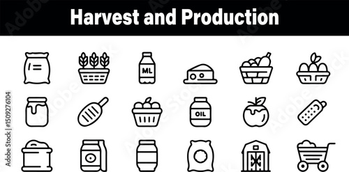 Simple line icons set for harvest and agricultural production processes oil jar farm food milk eggs barn wheat grain