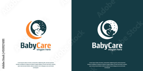 Baby sleeping on the moon logo, negative space style, vector graphic design.