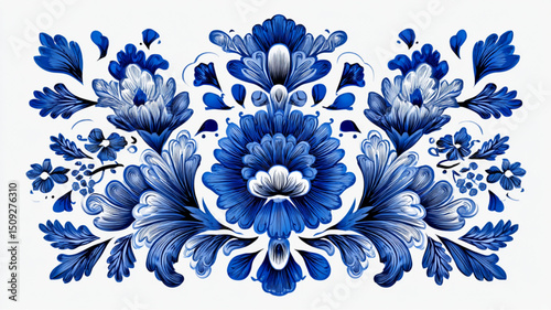 A symmetrical arrangement of blue and white floral patterns on a white background in a stylized design