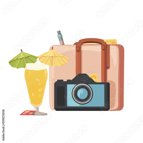 Professional Business Travel Essentials with Suitcase, Camera, Tablet, Credit Card, and Cocktail Glasses on Table