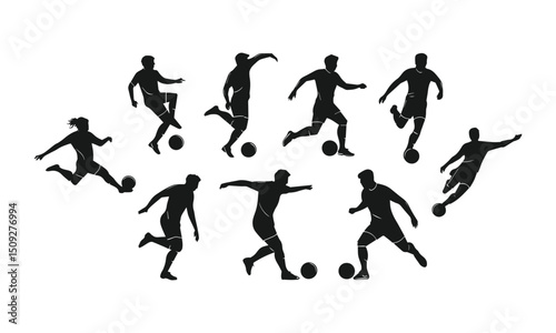 Soccer Players in Action - Running and Kicking Poses with Football Icon