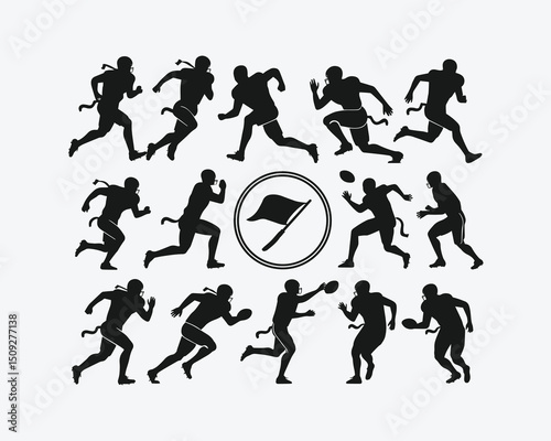 Football Action Poses - Running Players in Silhouette with Football Icon