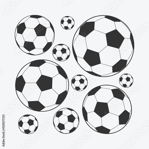 Various Sizes of Soccer Balls - Black and White Football Icons in Different Scales