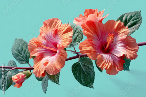 A close up of hibiscus flowers with leaves on a branch against a light blue background in soft lighting