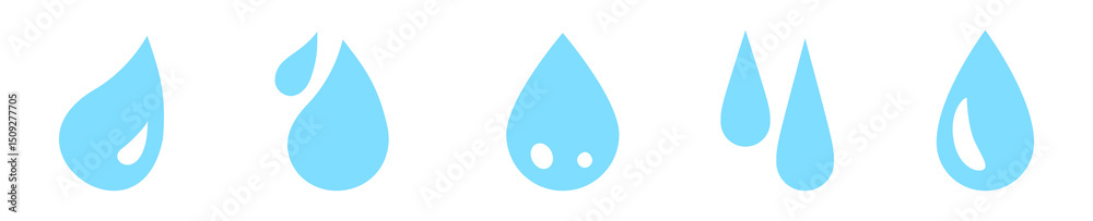 Conjunto de gotas de agua. Hidratación, fluidez y naturaleza. Concepto de lluvia, gota azul. Ilustración vectorial