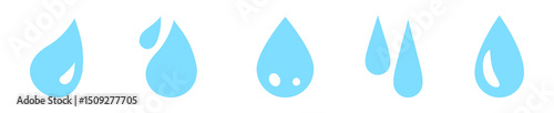 Conjunto de gotas de agua. Hidratación, fluidez y naturaleza. Concepto de lluvia, gota azul. Ilustración vectorial