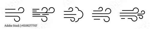 Conjunto de iconos de viento. Clima, movimiento y corriente de aire. Soplo de viento, frío, polvo en diferentes estilos. Ilustración vectorial