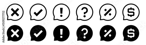Conjunto de iconos de globos de diálogo con símbolos. Rechazo, aprobación, advertencia, duda, porcentaje, finanzas. Estilo lineal y sólido. Ilustración vectorial