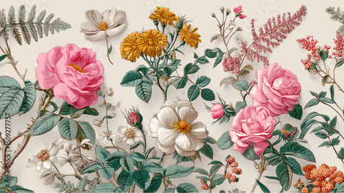 Vintage floral arrangement featuring roses, daisies, and various other botanical elements on white background