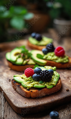 Beautiful Vegan Meal with Avocado, Toast, and Berries on a Wooden Table