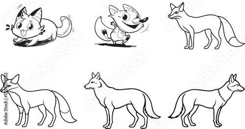 Set of  Vector hand drawn cute animal set. Sketch illustration with walking, playing and sleeping foxes.
