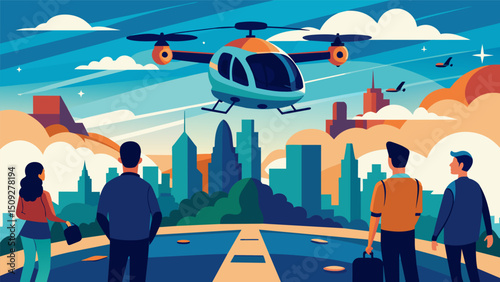 A group of tourists gaze in awe as their autonomous air taxi descends gracefully onto a designated landing pad offering them a panoramic view of the shimmering cityscape below.. Vector illustration