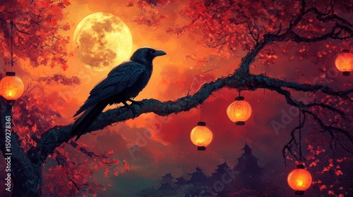 A raven perched on a branch under a full moon with hanging lanterns at night time