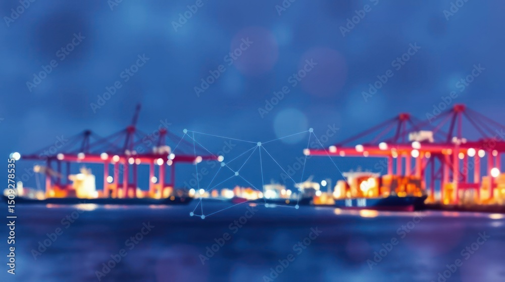 Fototapeta premium Harbor at night with cranes and ships network graphic overlay